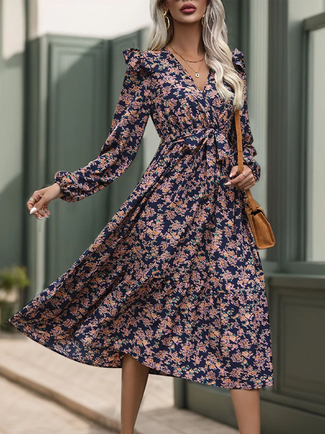 🌸 Floral Printed Surplice Long Sleeve Midi Dress 🌸