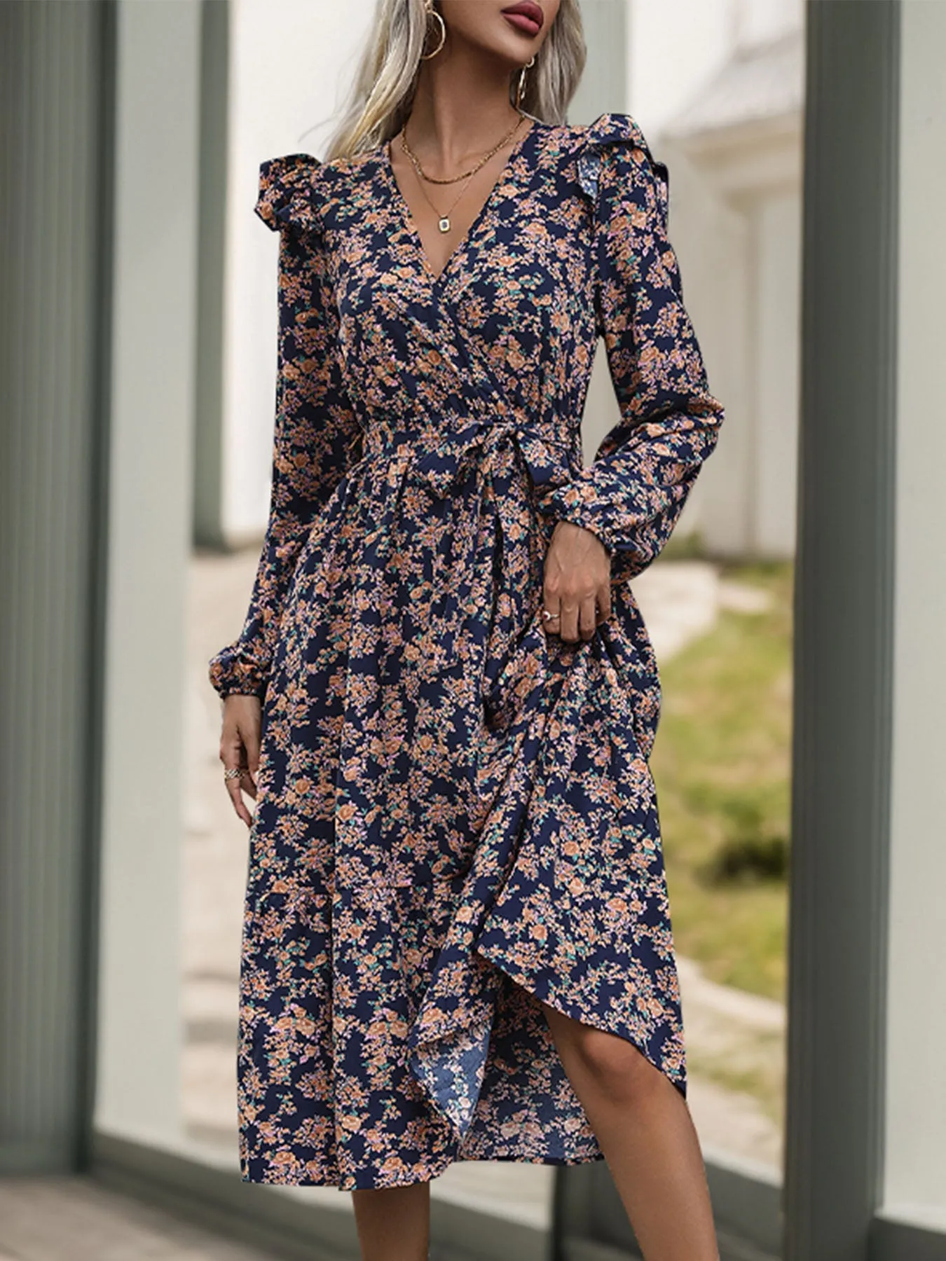 🌸 Floral Printed Surplice Long Sleeve Midi Dress 🌸