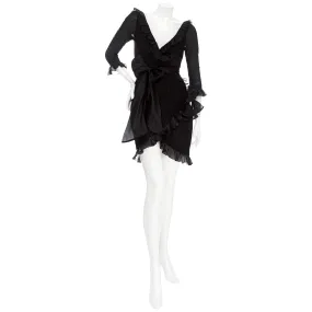 1980s Black Silk Ruffled Bow Dress