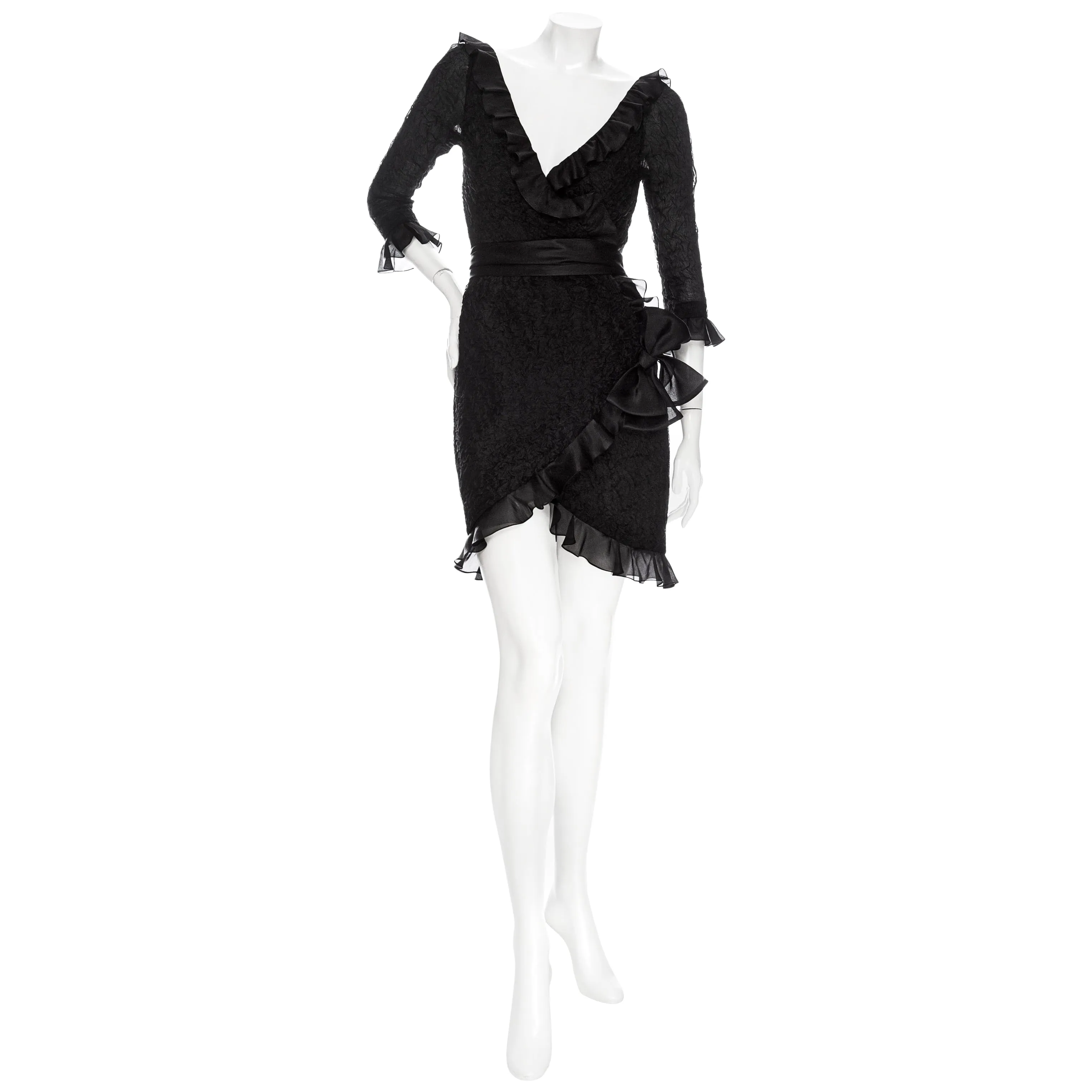 1980s Black Silk Ruffled Bow Dress