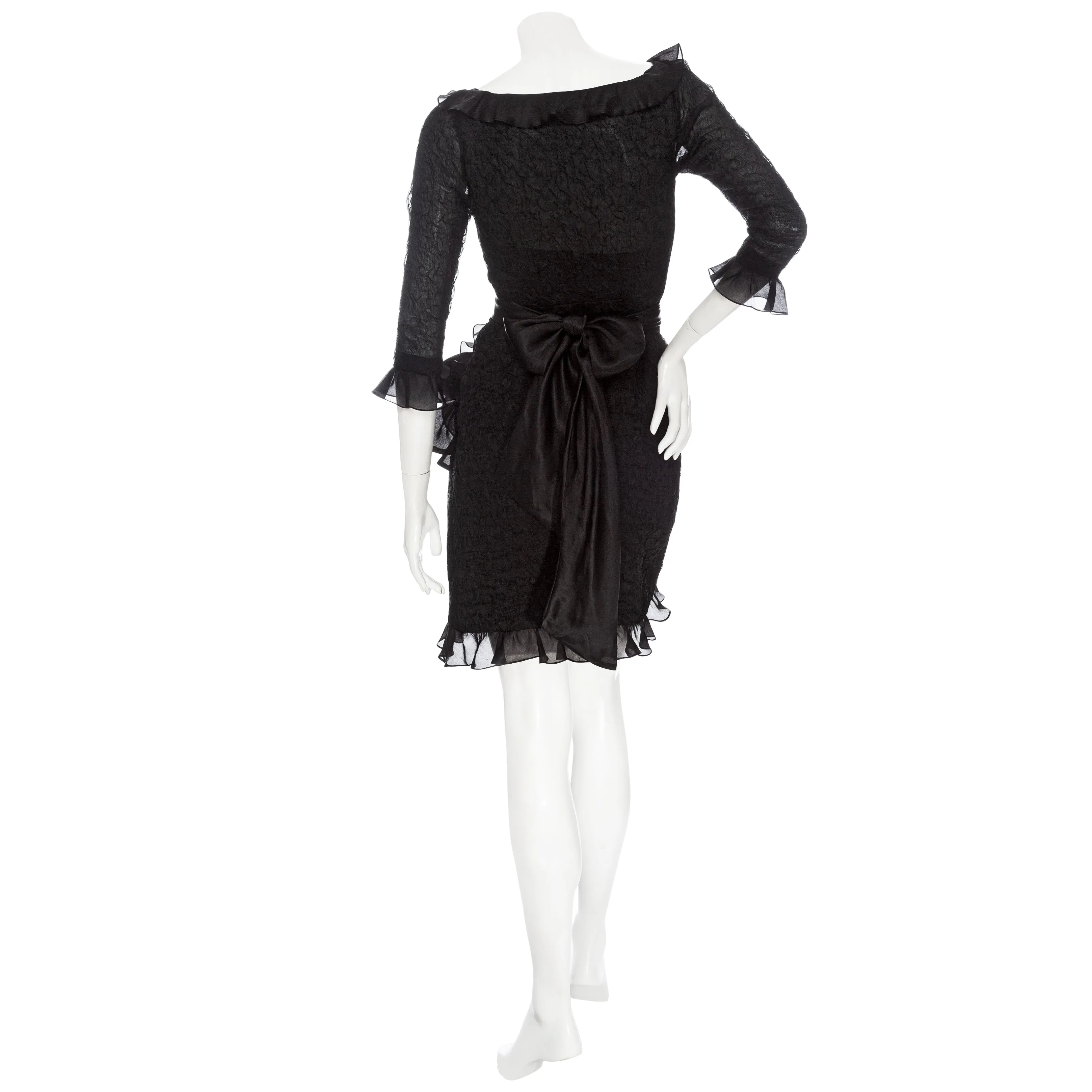 1980s Black Silk Ruffled Bow Dress