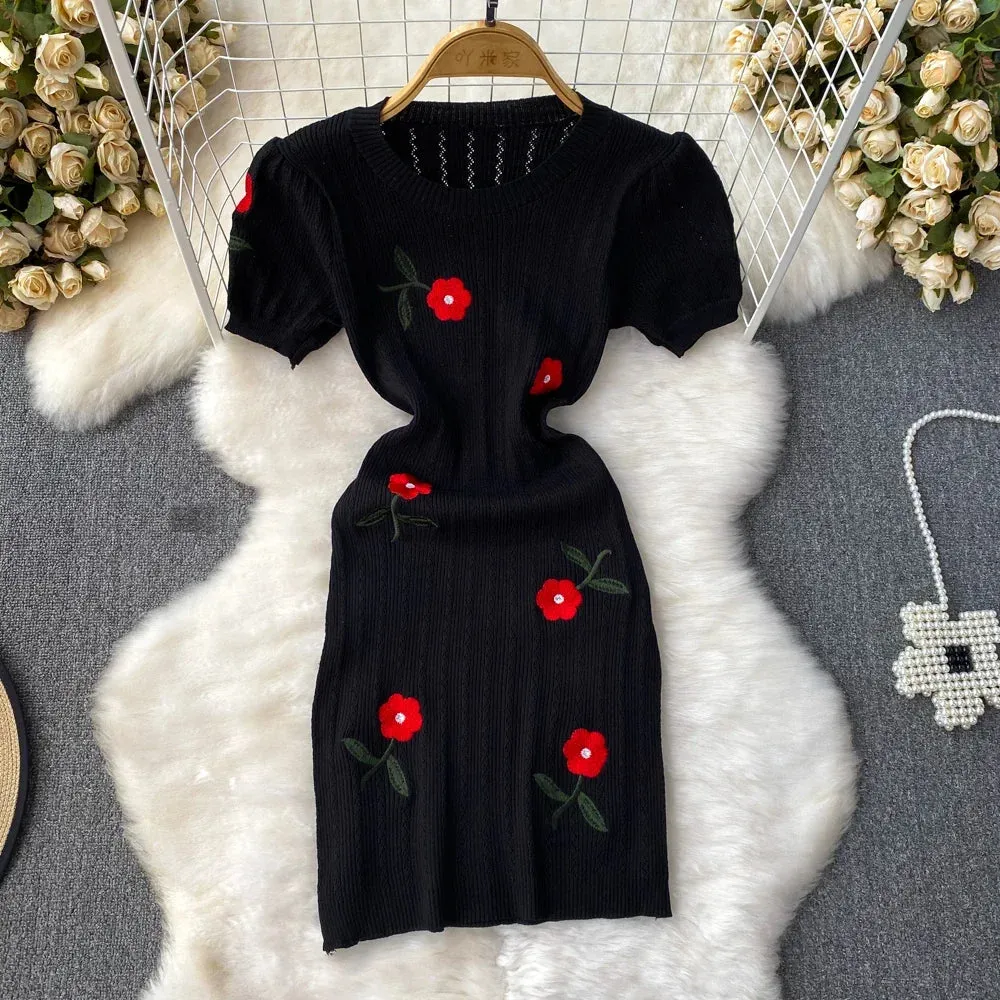 2024 Women Dress Elegant Embroidery Rose Flowers White Black Bodycon Party Dress Chic Fashion  Knitted Ladies Short Mini Dresses