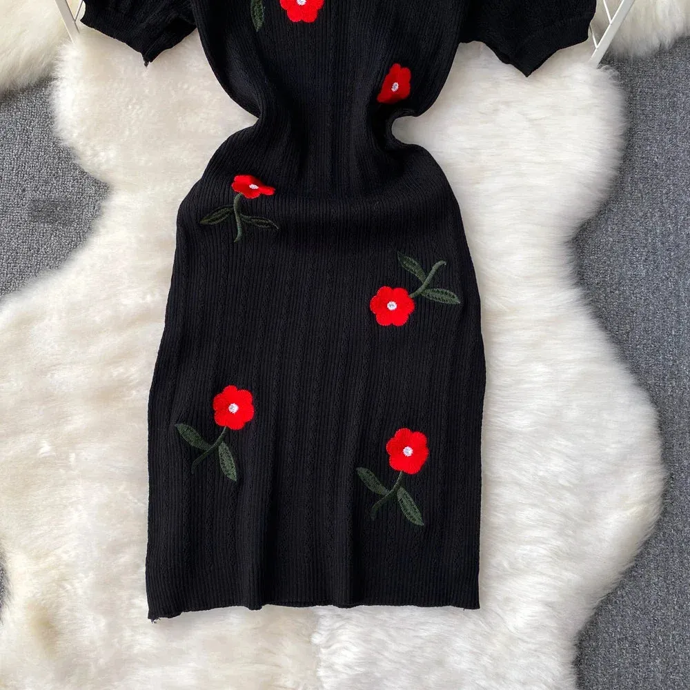 2024 Women Dress Elegant Embroidery Rose Flowers White Black Bodycon Party Dress Chic Fashion  Knitted Ladies Short Mini Dresses