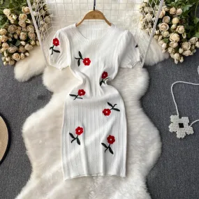 2024 Women Dress Elegant Embroidery Rose Flowers White Black Bodycon Party Dress Chic Fashion  Knitted Ladies Short Mini Dresses