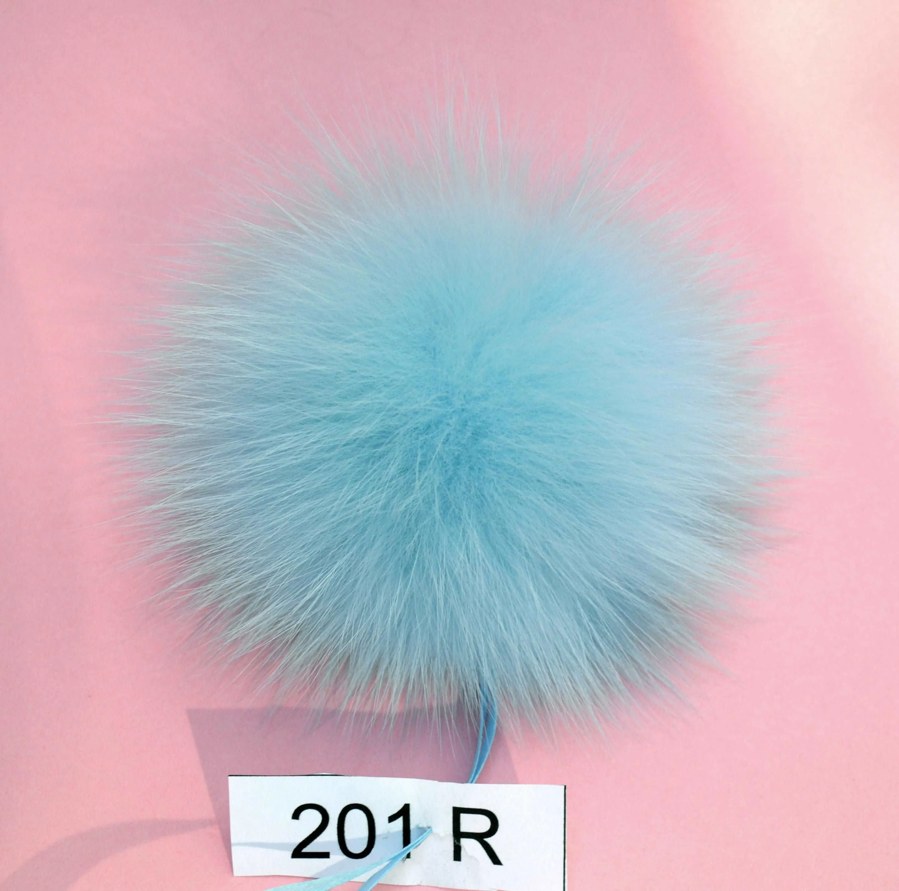 6" Blue Fox pom pom with ribbons for knit hat