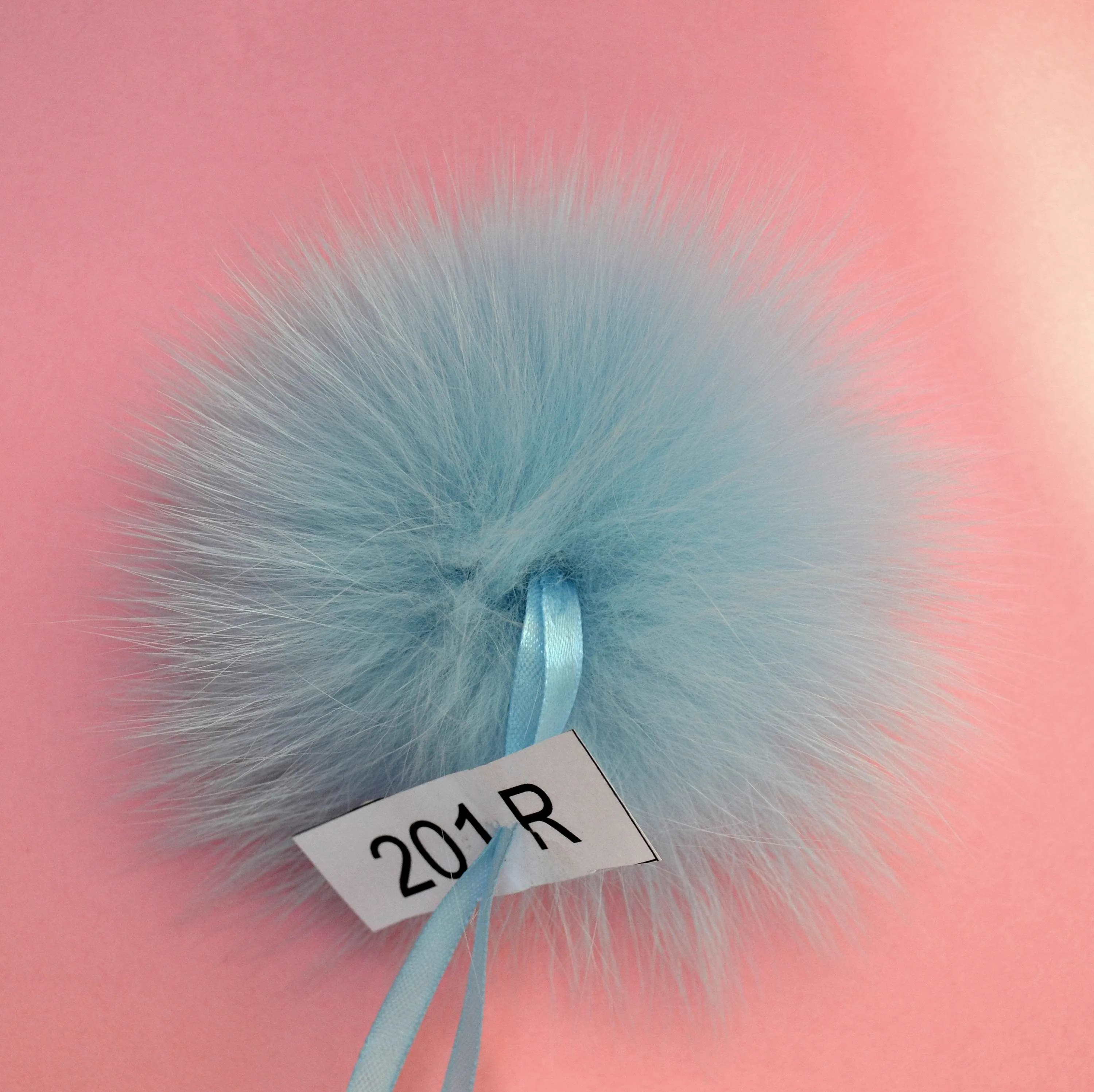 6" Blue Fox pom pom with ribbons for knit hat