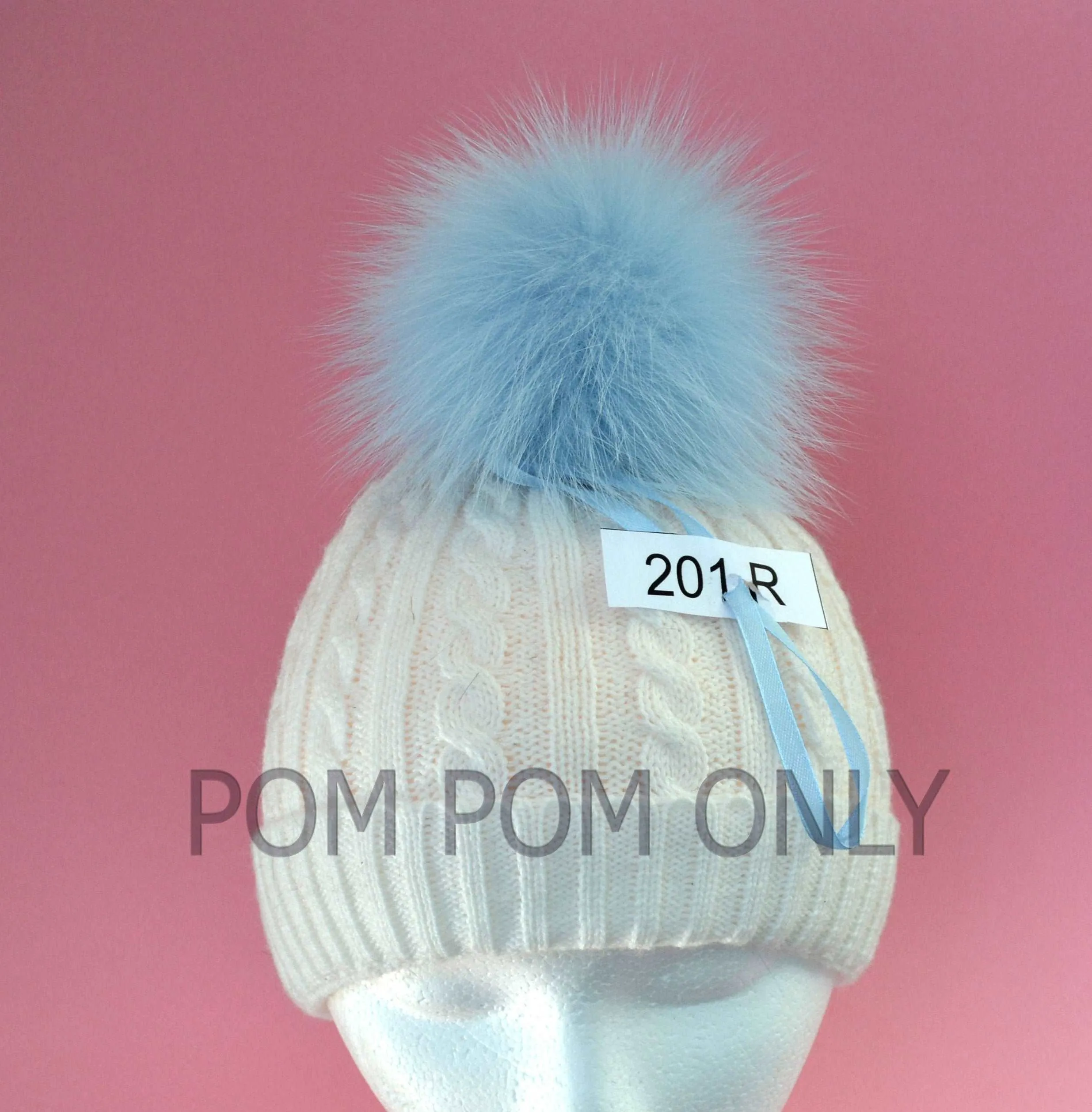 6" Blue Fox pom pom with ribbons for knit hat