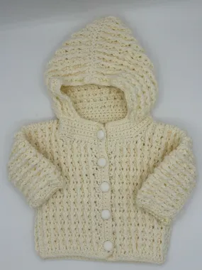 9-12 M Cream Acrylic Crochet Cardigan with Hood