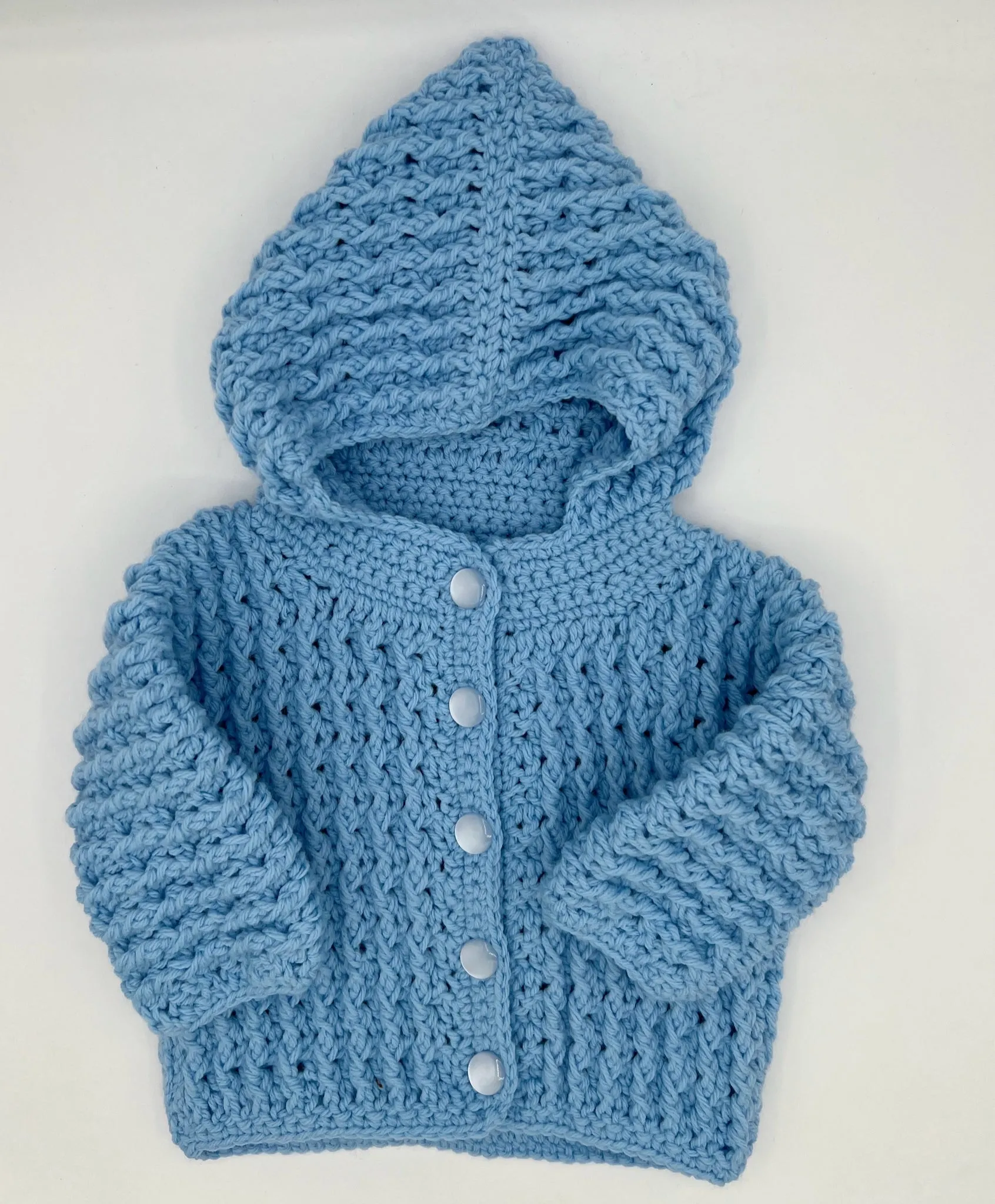 9-12 M Light Blue Acrylic Crochet Cardigan with Hood