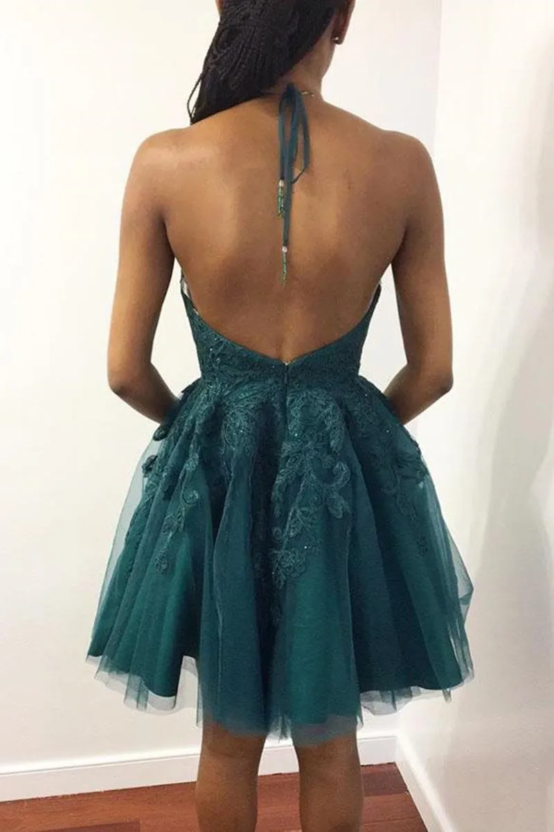 A Line Halter Neck Backless Green Lace Short Prom Dress Homecoming Dress, Backless Lace Green Formal Graduation Evening Dress