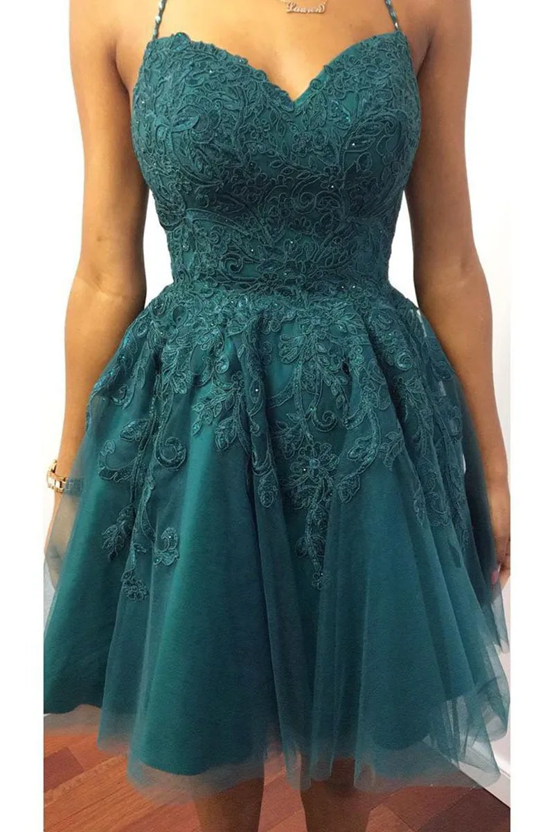 A Line Halter Neck Backless Green Lace Short Prom Dress Homecoming Dress, Backless Lace Green Formal Graduation Evening Dress