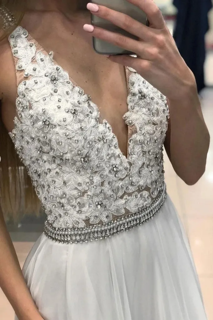 A Line V Neck Beaded Long White Lace Prom with Belt, V Neck White Lace Formal, Lace White Evening