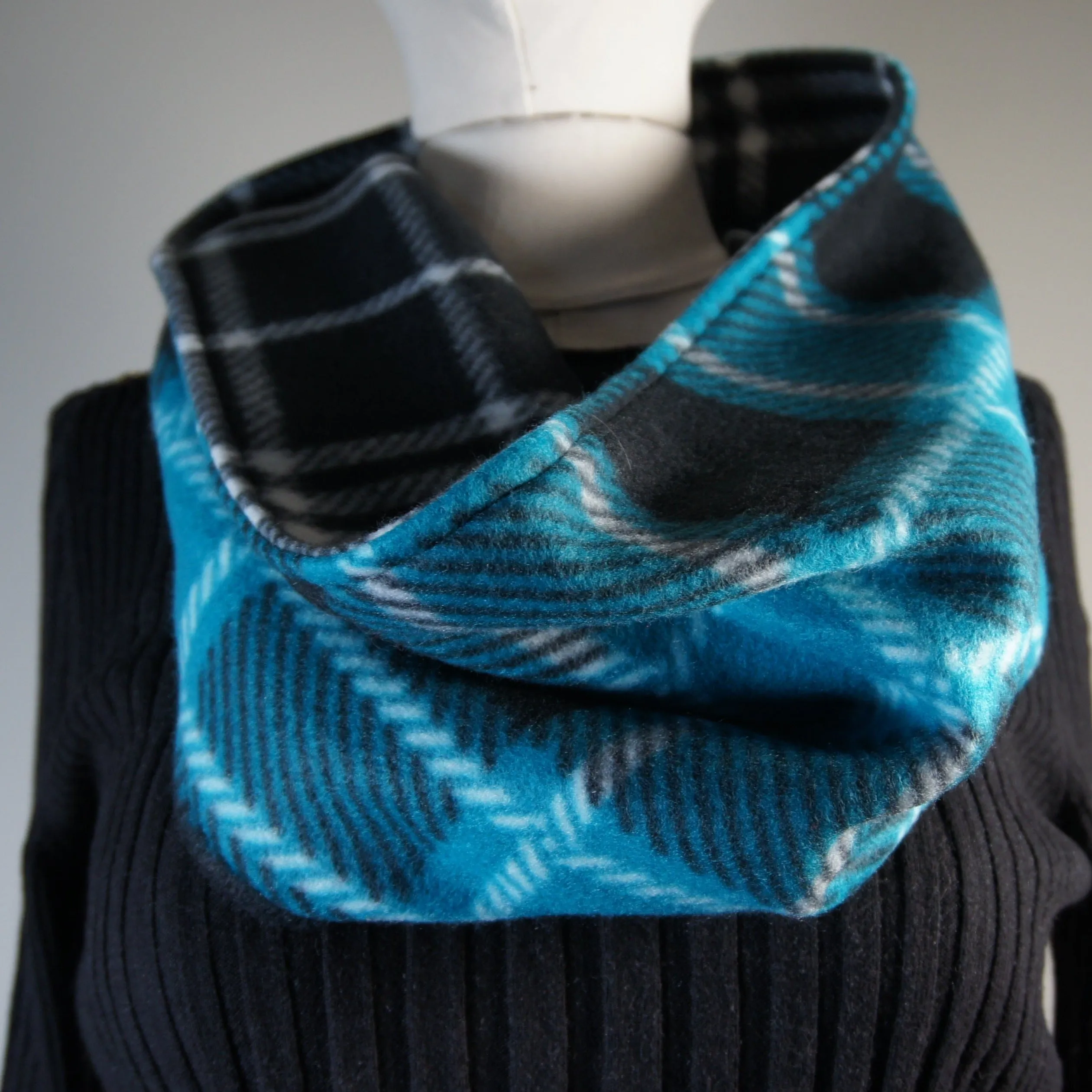 Accessories - Scarves - Cowl - Plaid Turquoise and Black Plaid