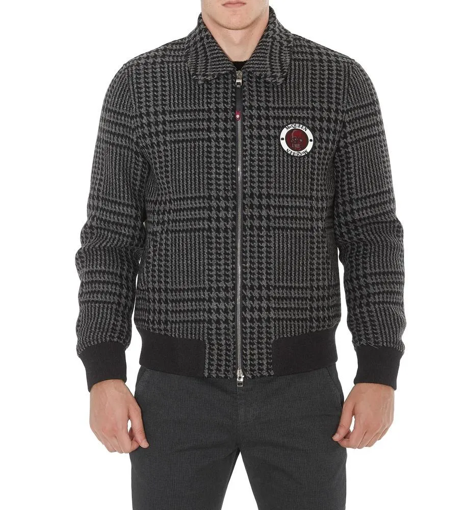 Alexander McQueen Skull Patch Houndstooth Print Bomber Jacket