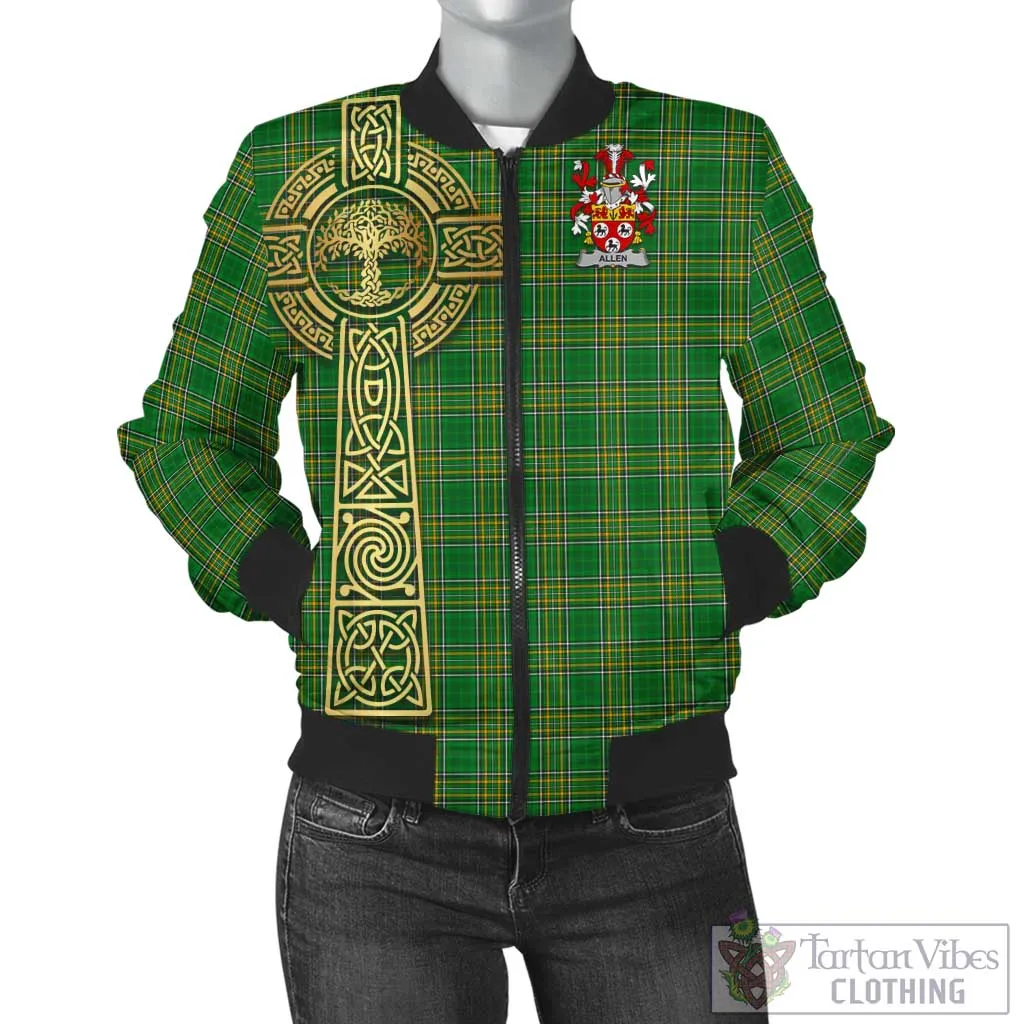 Allen Irish Clan Tartan Bomber Jacket with Coat of Arms Celtic Tree of Life Style