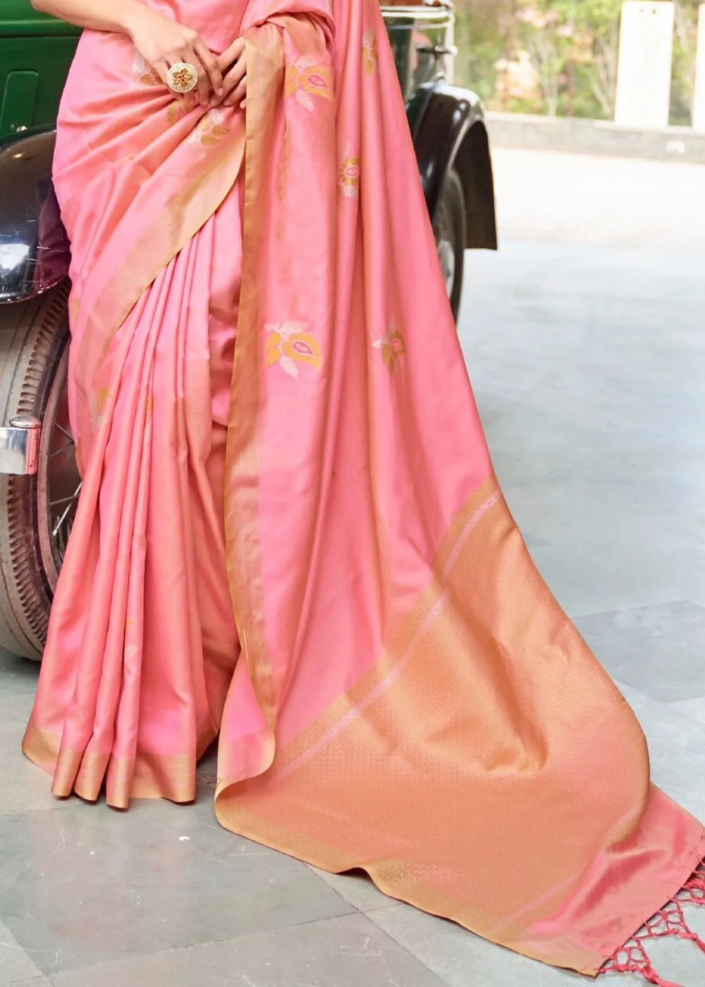 Amarnath Pink Zari Butta Banarasi-Chanderi Fusion Silk Saree