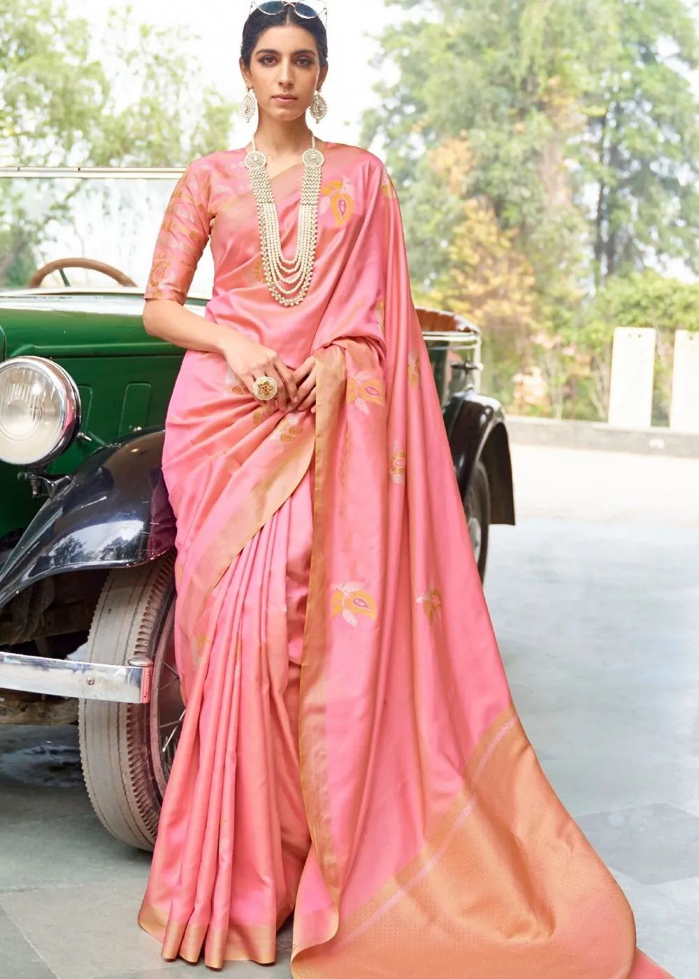 Amarnath Pink Zari Butta Banarasi-Chanderi Fusion Silk Saree