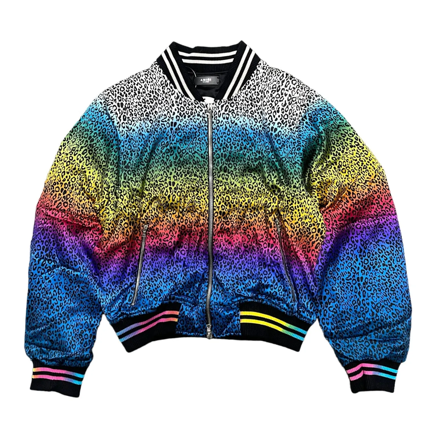 Amiri Leopard Print Silk Bomber Jacket Rainbow Black Multi