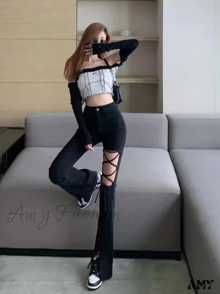 Amy Fashion - Black Ripped High-waisted Wide-leg Summer Thin Drape Ice Silk Strap Micro Flared Feynzz's Jean