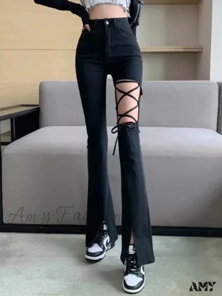 Amy Fashion - Black Ripped High-waisted Wide-leg Summer Thin Drape Ice Silk Strap Micro Flared Feynzz's Jean