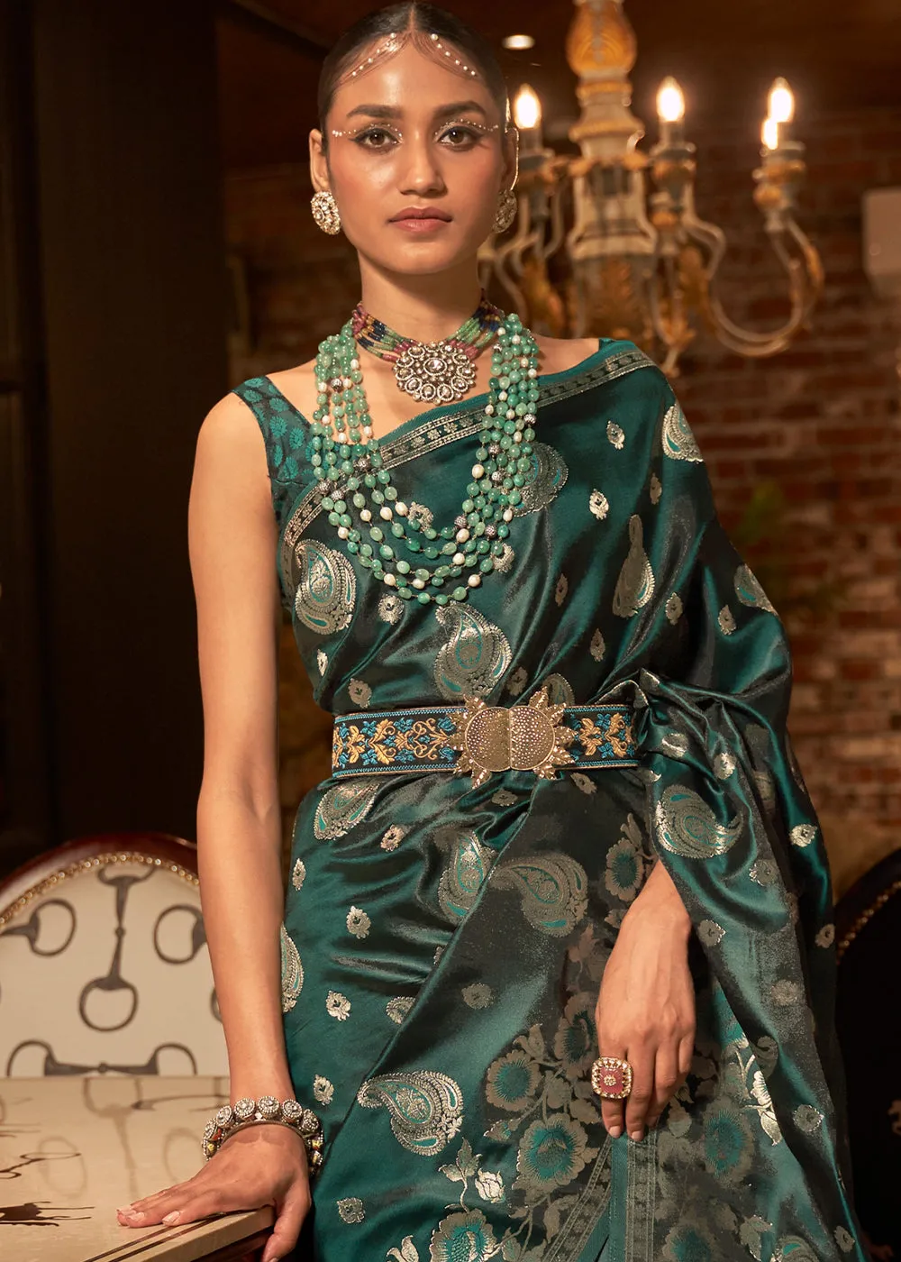 Arabian Green Handloom Woven Satin Silk Saree