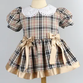 Baby Girls Beige Tartan Dress with Gold bows