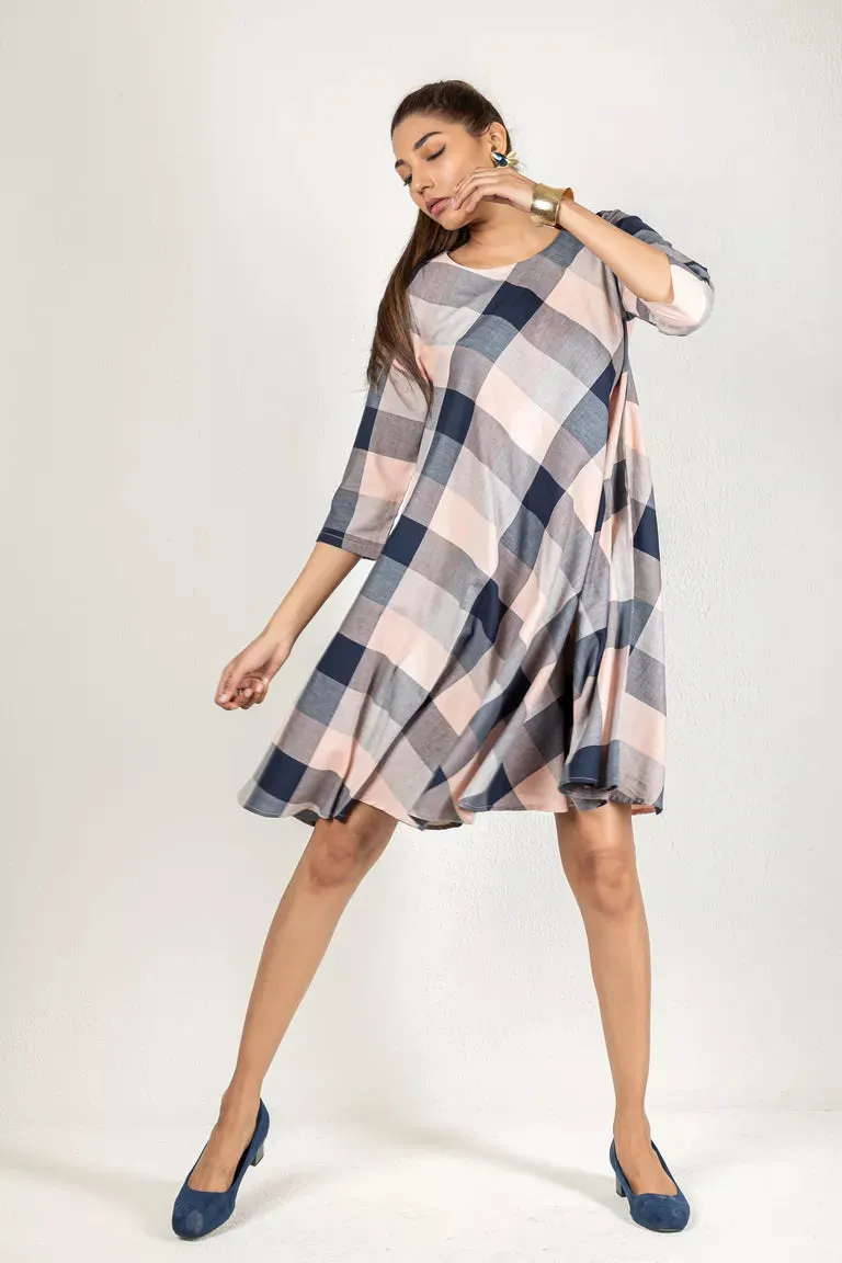 Baby Pink & Navy Blue Cotton Checked Dress