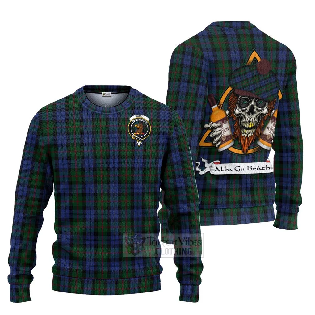 Baird Tartan Ugly Sweater with Family Crest and Bearded Skull Holding Bottles of Whiskey