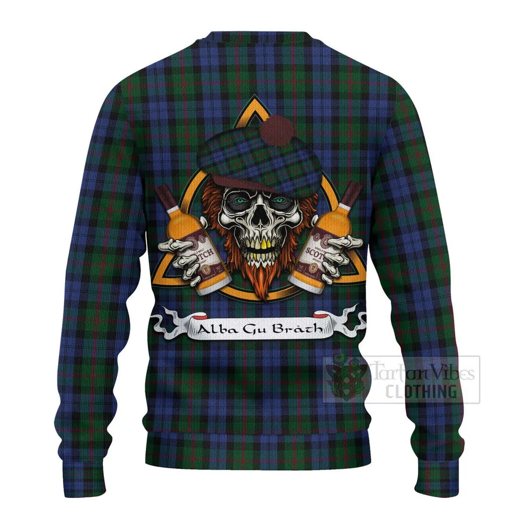 Baird Tartan Ugly Sweater with Family Crest and Bearded Skull Holding Bottles of Whiskey