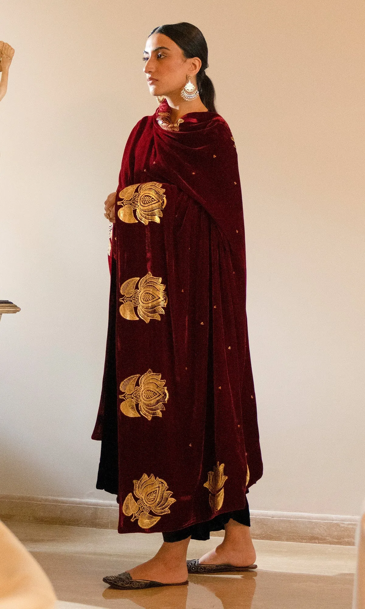 Bareen Foils  - Red Lotus Shawl with Sequins