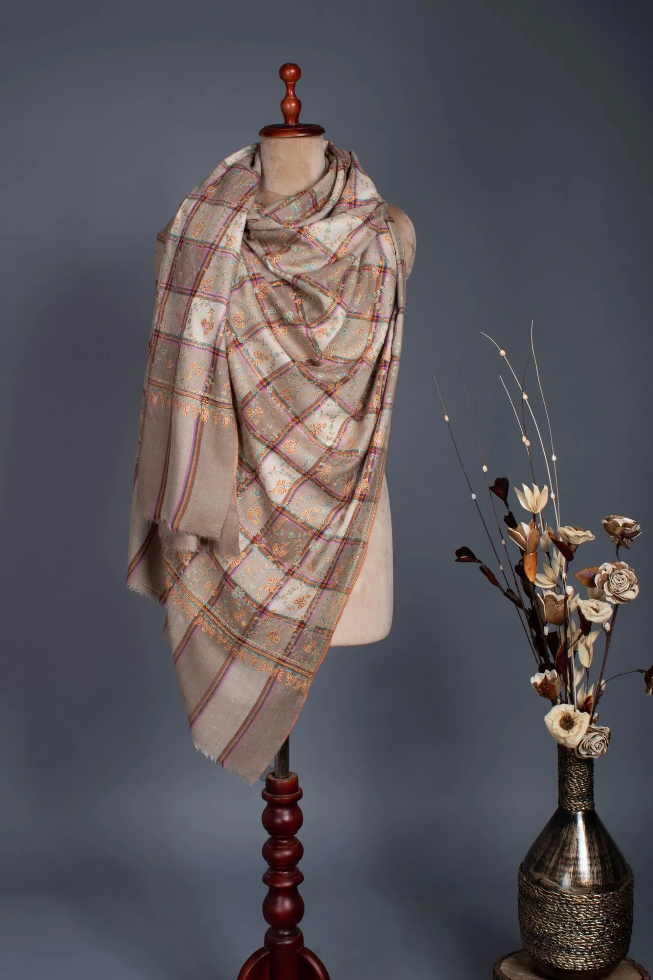 Beige White Check Sozni Embroidered Pashmina Shawl - FENI