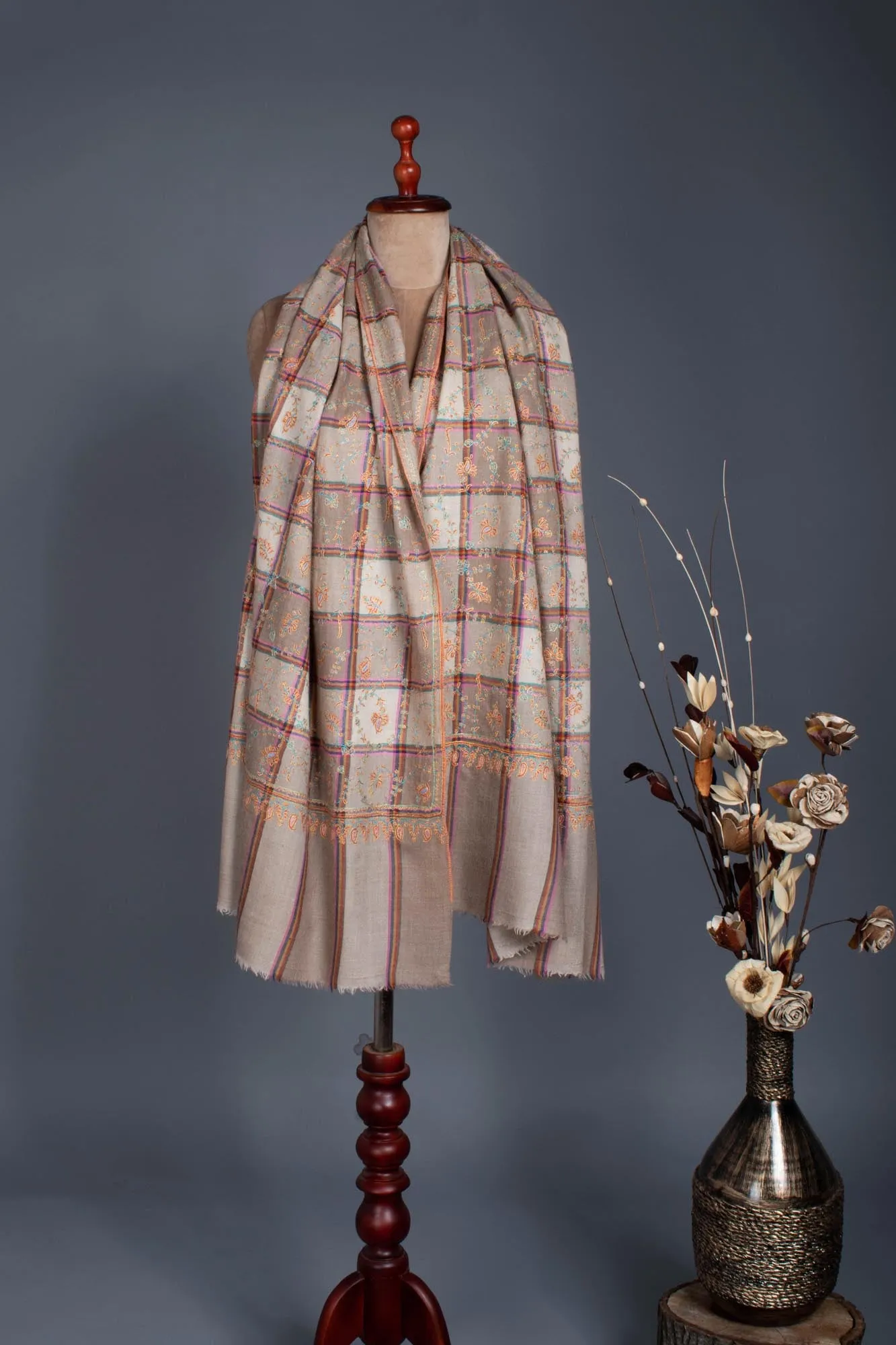 Beige White Check Sozni Embroidered Pashmina Shawl - FENI