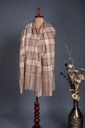 Beige White Check Sozni Embroidered Pashmina Shawl - FENI