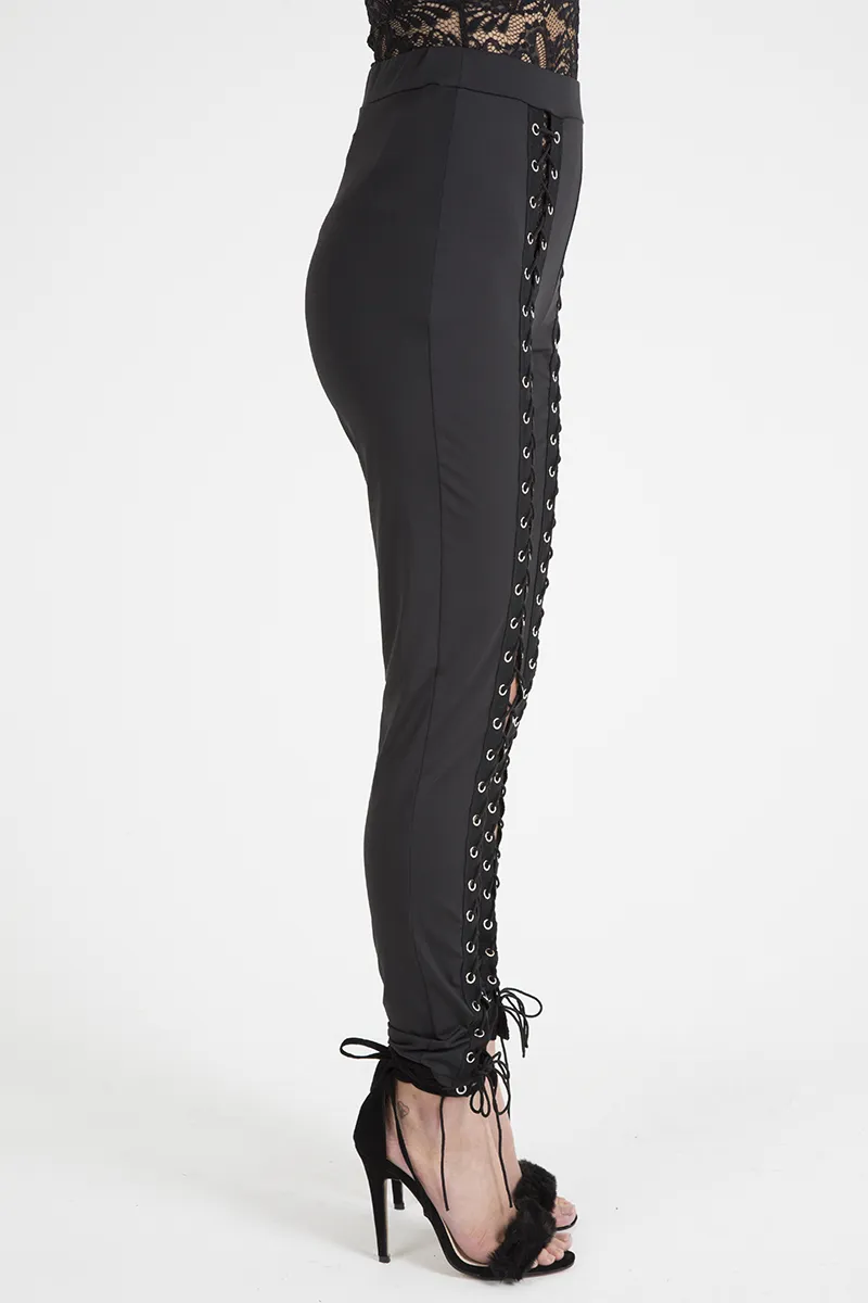 Black Lace Up Front Leggings - Hazel