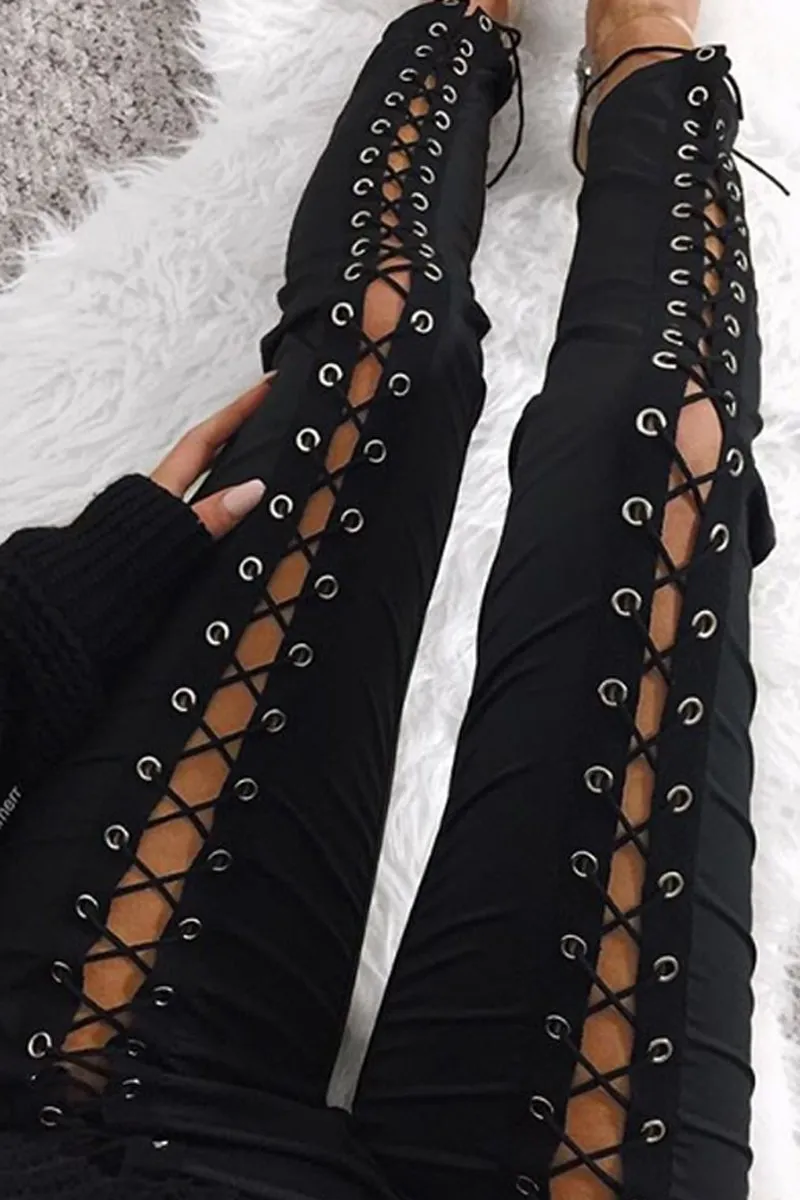 Black Lace Up Front Leggings - Hazel