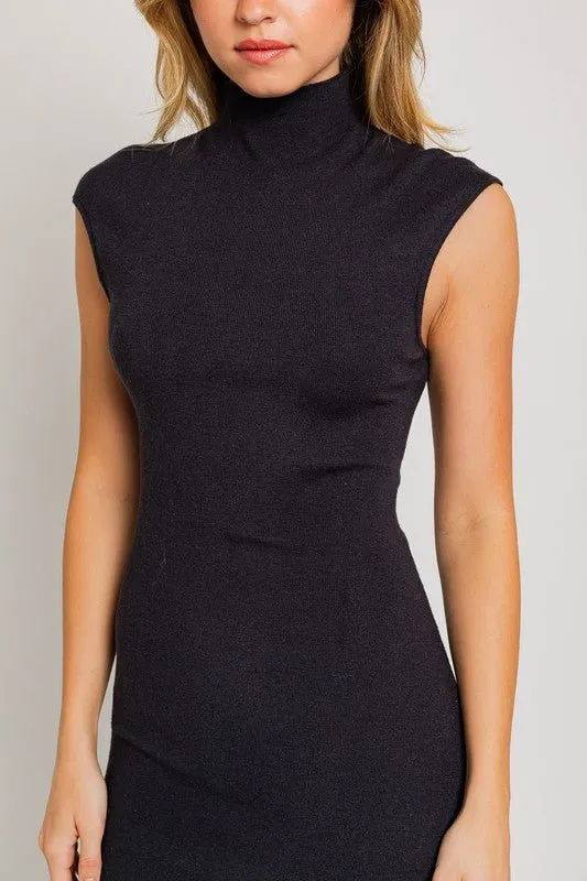 Black Mock Neck Sweater Midi Dress