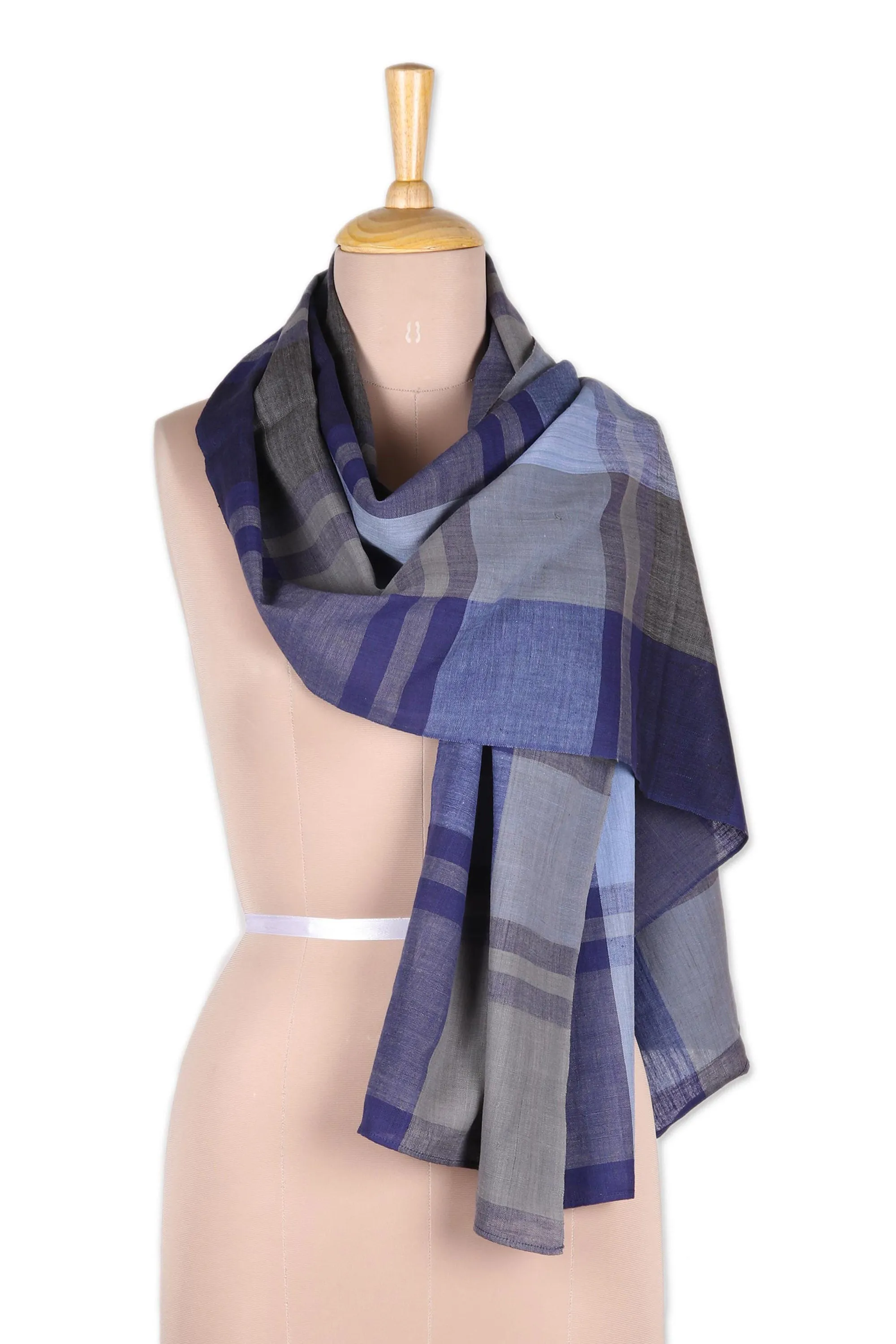 Blue and Grey Patterned Cotton Shawl - Classic Blue