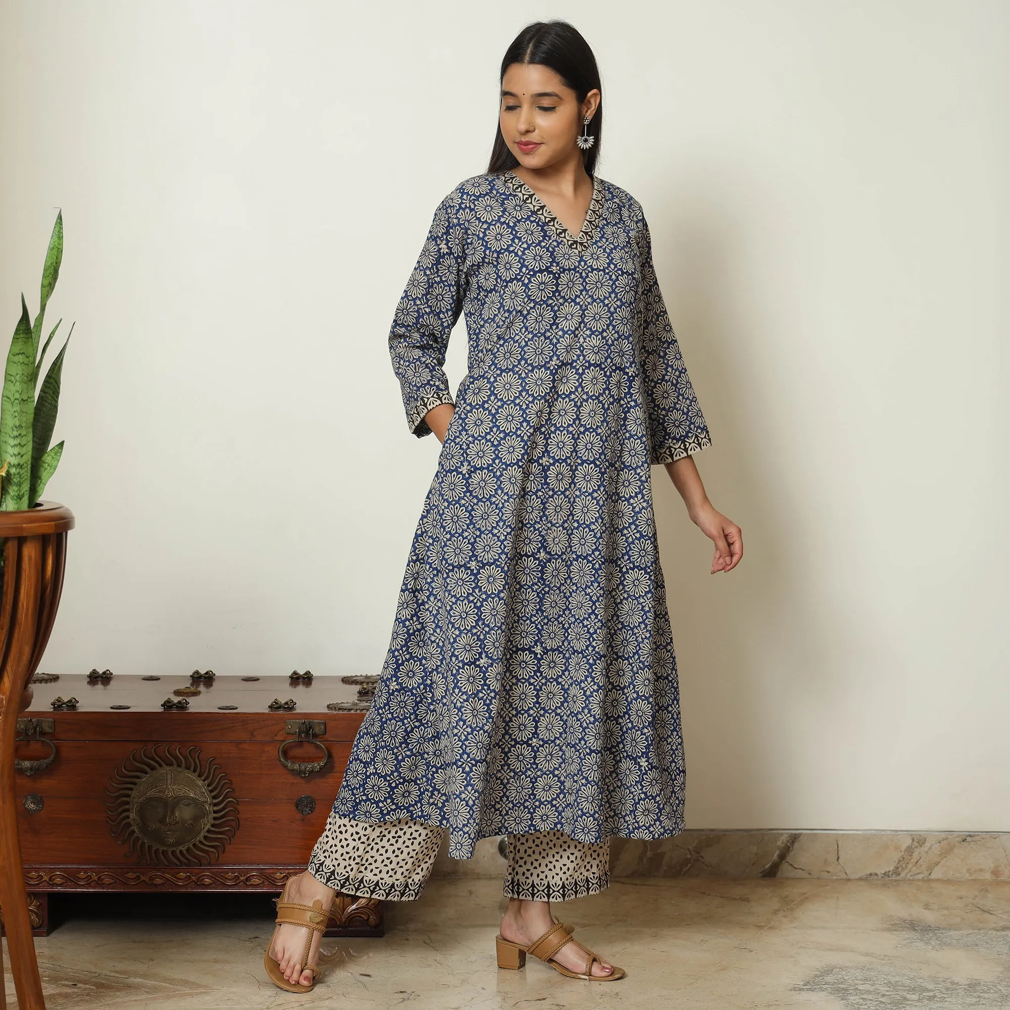 Blue - Bagru Block Printed Cotton Kurta with Palazzo & Kota Doria Dupatta Set 03