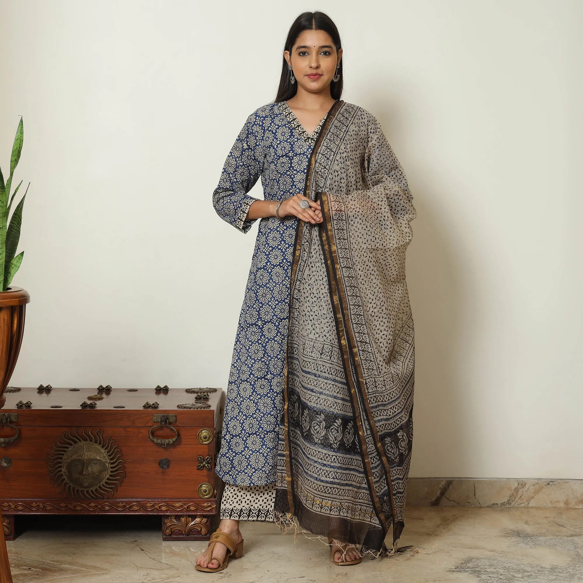 Blue - Bagru Block Printed Cotton Kurta with Palazzo & Kota Doria Dupatta Set 03