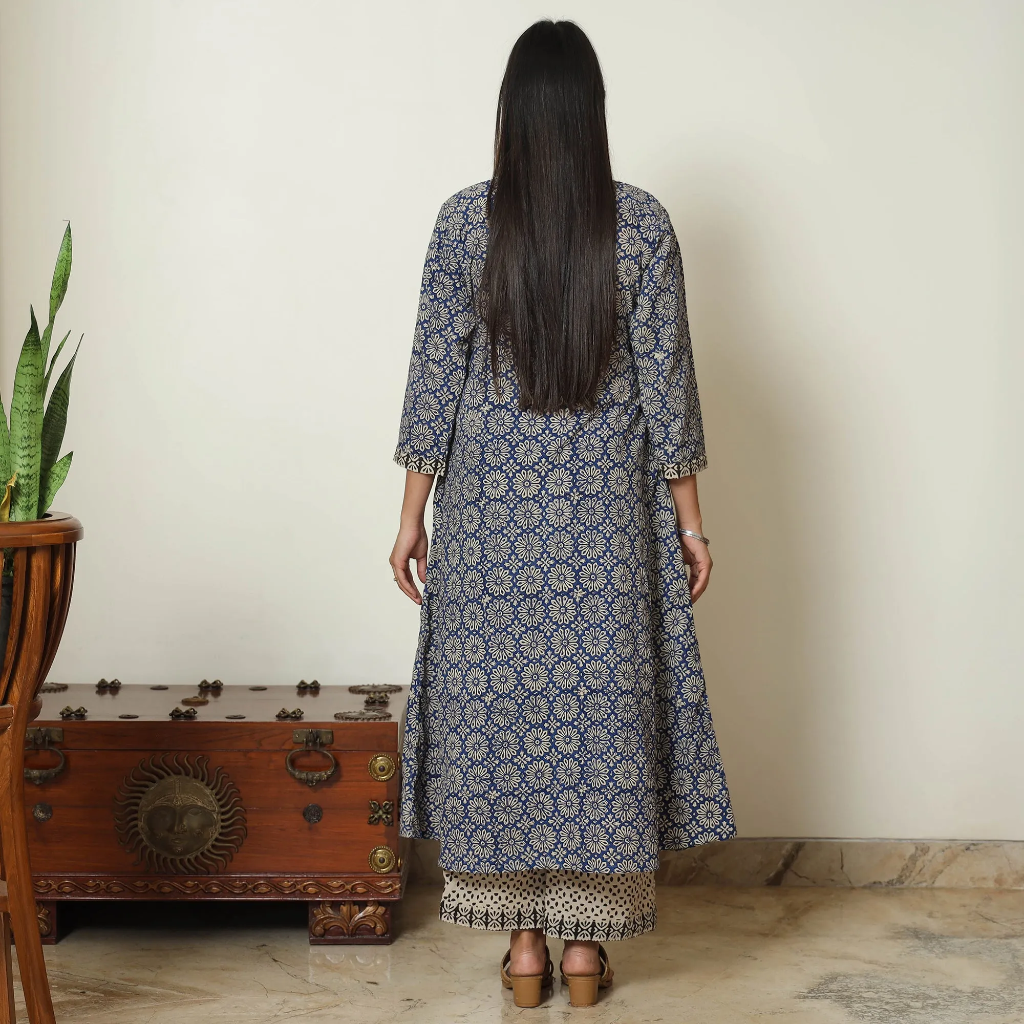 Blue - Bagru Block Printed Cotton Kurta with Palazzo & Kota Doria Dupatta Set 03