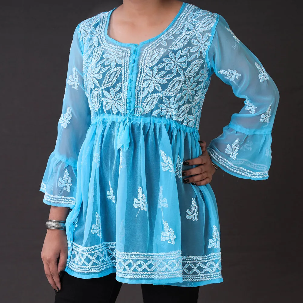 Blue - Chikankari Hand Embroidered Georgette Short Flared Kurta / Top