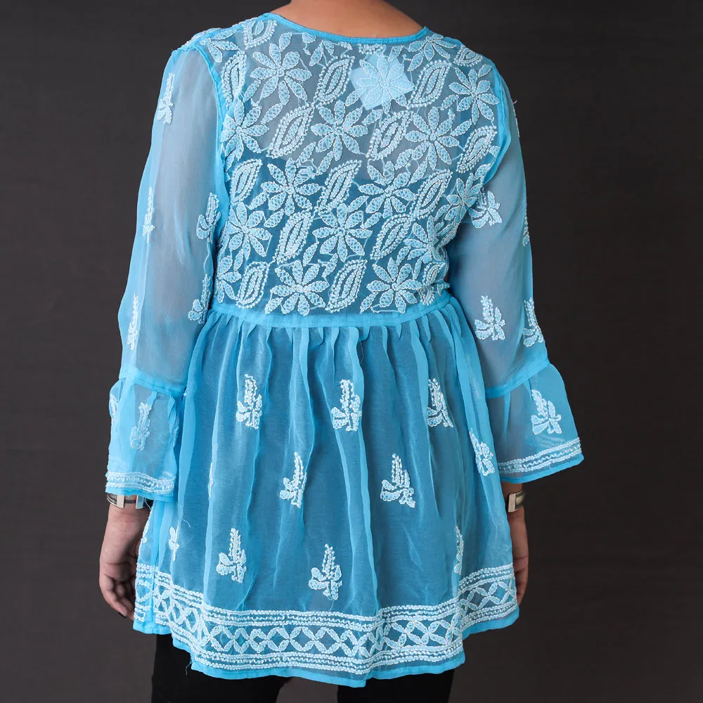 Blue - Chikankari Hand Embroidered Georgette Short Flared Kurta / Top