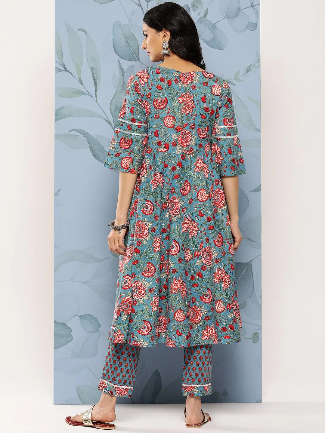 Blue Printed Cotton Anarkali Kurta With Trousers