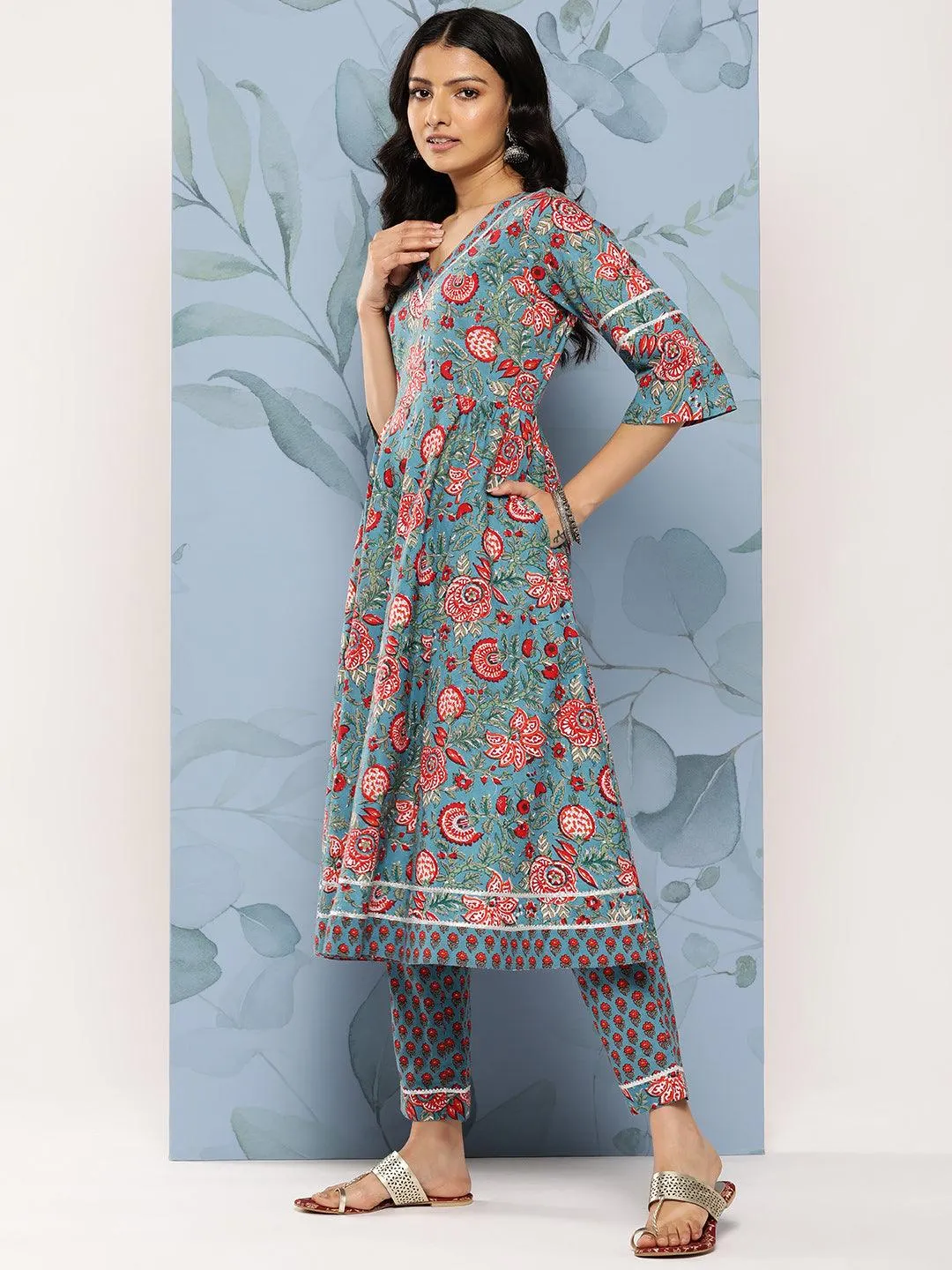 Blue Printed Cotton Anarkali Kurta With Trousers