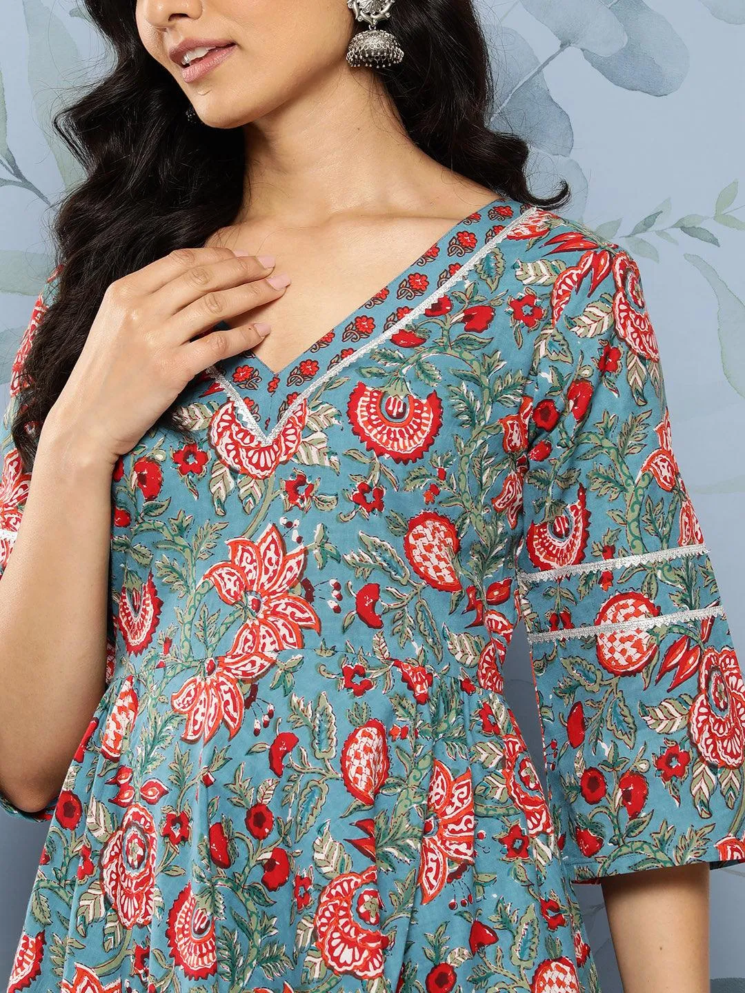 Blue Printed Cotton Anarkali Kurta With Trousers