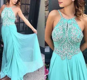 blue prom dress, long prom dress, chiffon prom dress, beaded prom dress, simple evening gown, BD37