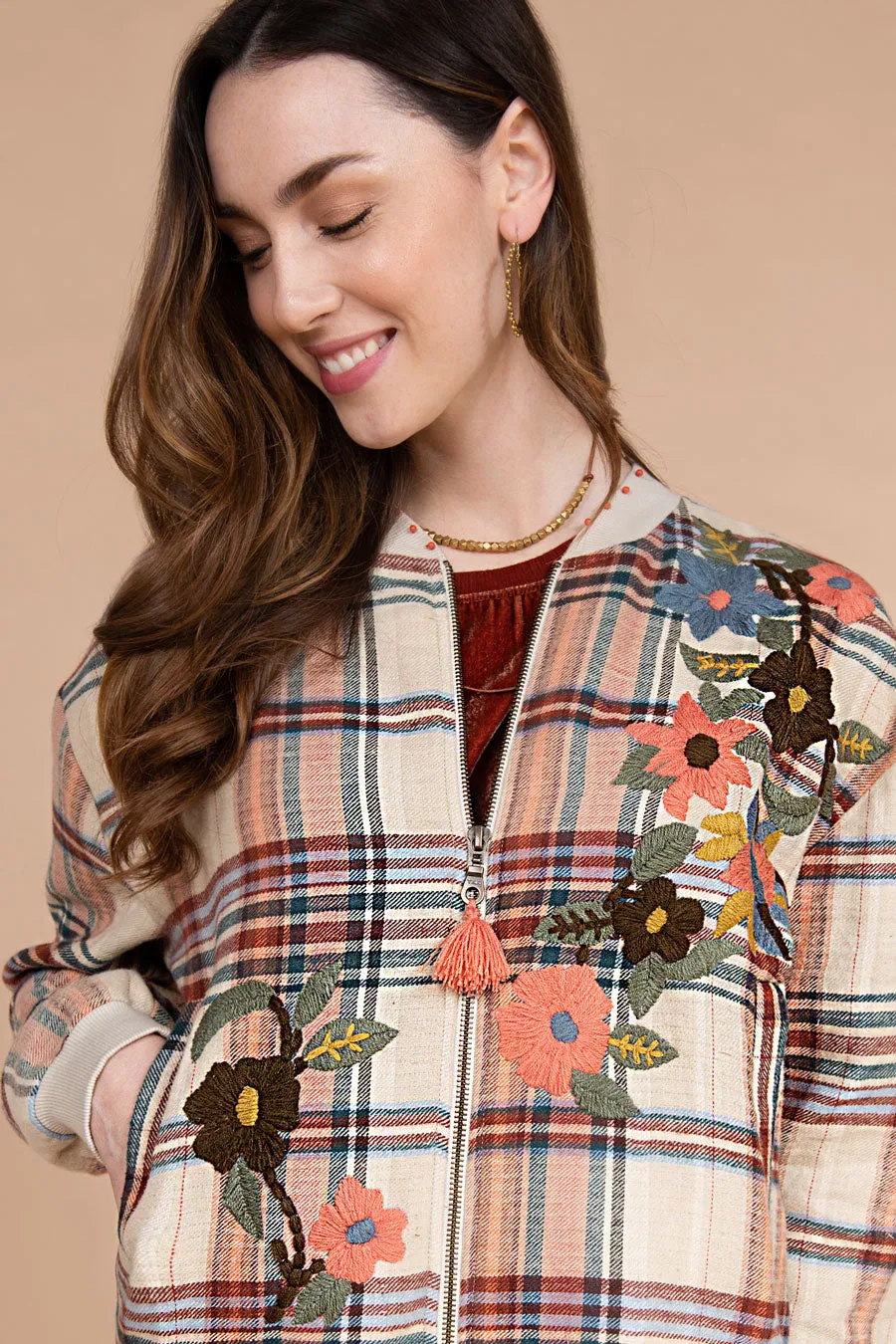 Bomber Jacket with Floral Embroidery