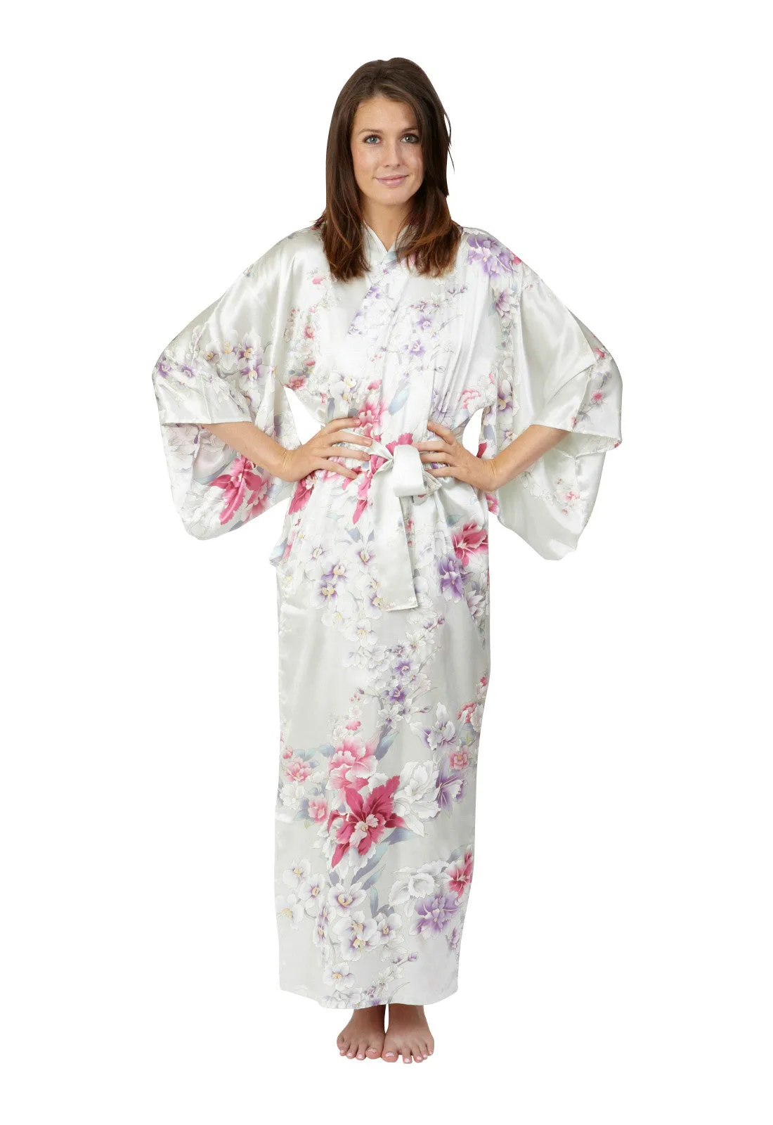 Bridal Kimono Elegant Orchids Long Silk Robe