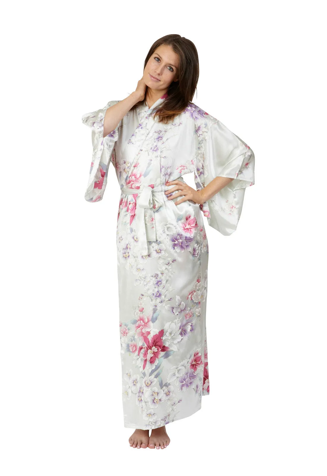 Bridal Kimono Elegant Orchids Long Silk Robe