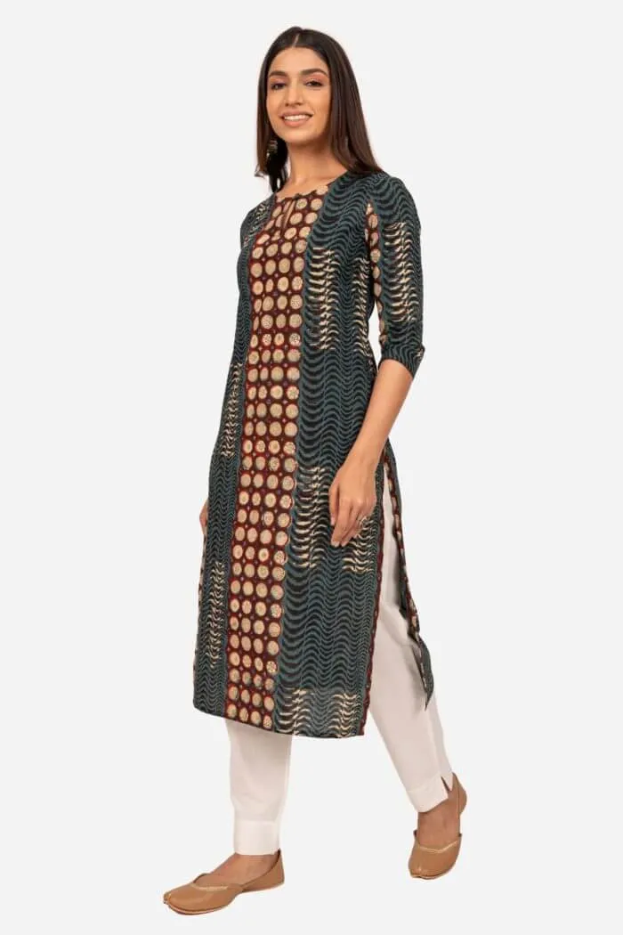 Brown And Green Handblock Printed Cotton Kurta